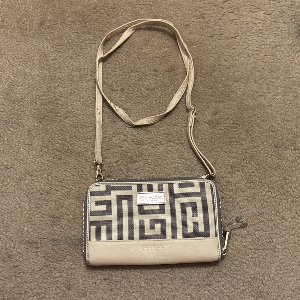 Spartina Grey and Cream Monogram Crossbody Wallet with Detachable Strap